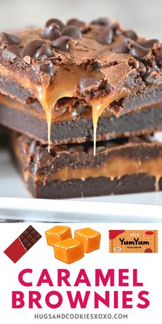 caramel brownies stacked on top of each other