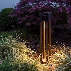 an outdoor light in the middle of some plants and bushes with purple flowers behind it