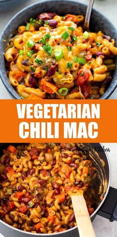 this vegetarian chili macaroni recipe is so good and easy to make it's loaded with beans, tomatoes, green onions, cheese, and more