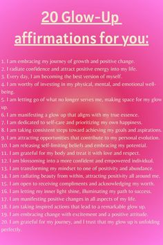 20 Glow-Up affirmations for you. Daily Affirmations For Glow Up, Physical Glow Up Affirmations, Manifest Glow Up, Physical Glow Up, Mental Glow Up, 2024 Glow Up, Glow Up 2024, Glow Up Era