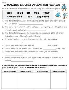 a worksheet with text and pictures to describe the matter in an object, including water