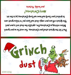 two christmas cards with the words grin dust written in red, green and white letters