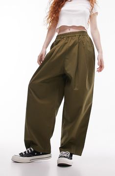 Topshop Pleated Cotton Balloon Pants | Nordstrom Joni Jeans, Trouser Outfit, Basket Noir, Balloon Pants, Twill Pants, Pantalon Large, Khaki Green, Comfy Outfits, Wide Leg Trousers