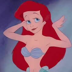 ariel from the little mermaid with blue eyes and red hair, holding her hands behind her head