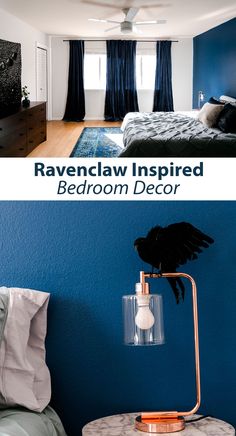 a bedroom with blue walls and black curtains on the windowsills is featured in this article