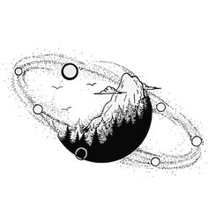 a black and white drawing of a mountain with bubbles coming out of the sky,