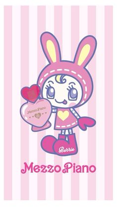 a cartoon bunny holding a heart on top of a pink and white striped wallpaper