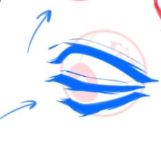 a drawing of a man's face with blue and red arrows in the background