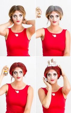 Easy DIY Queen of Hearts Using Makeup You Already Own Work Appropriate Costumes, Queen Of Hearts Makeup, Heart Costume, Queen Of Hearts Costume, Alice In Wonderland Costume, Diy Kostüm, Hallowen Costume, Heart Diy, Red Makeup