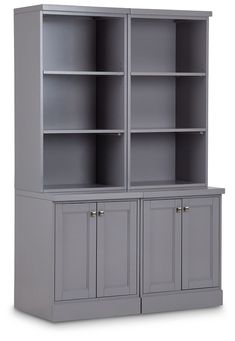 a grey bookcase with two doors and three cupboards on the bottom, one door open