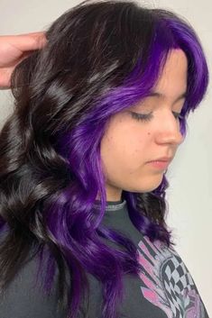 Money Piece Purple, Black Hair With Purple Money Piece, Purple Hair With Money Piece, Purple Streak In Brown Hair, Purple Streaks In Brown Hair, Purple Money Piece Hair, Purple Money Piece, Black Hair With Purple, Vibrant Purple Hair