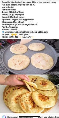 a pan filled with tortillas sitting on top of a white plate next to an image of pancakes