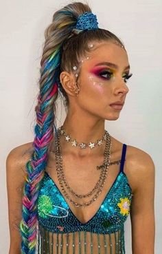 Festival Hair Braids, Rave Hairstyles, Rave Braids, Coachella Hair, Festival Braids, Concert Hairstyles, Rave Hair, Half Up Half Down Hair Prom, Rave Makeup