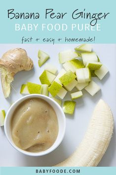 the baby food puree is next to sliced bananas and chopped up celery