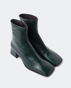 Detail(s): Square Toe 1.5'' Heel Medial Side Zip Closure 12'' Ankle Circumference  Material(s): Leather Upper  Leather Lining Handmade in Spain Color(s):  Dark Green Emerald Shoes, Green Ankle Boots, Shoe Inspo, Green Leather, Pretty Things, Forest Green, Side Zip, Dark Green, Leather Upper