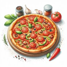 a drawing of a pizza with tomatoes, peppers and onions on it next to spices