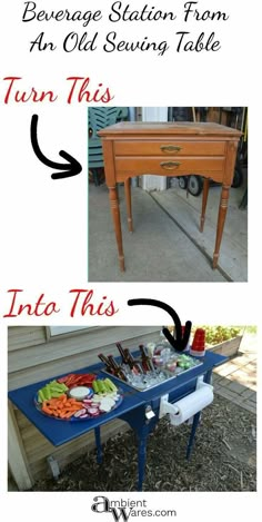 an old table has been transformed into a dining room table with drawers, and then it's turned into a buffet table