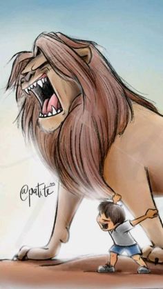 an image of a cartoon lion being held by a man with his hand on the ground