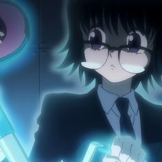 an anime character with glasses and a tie holding a light saber in front of her face