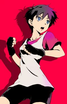 an anime character with purple hair and blue eyes, wearing black shorts and a white t - shirt