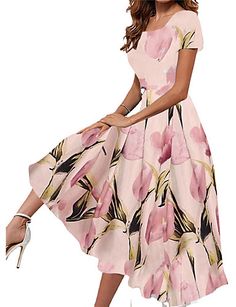 Vintage Dresses Cheap, Elegant Floral Dress, Vintage Dresses Online, Loose Midi Dress, Women's A Line Dresses, Vestidos Color Rosa, Robes Vintage, Necklines For Dresses, Vestido Casual