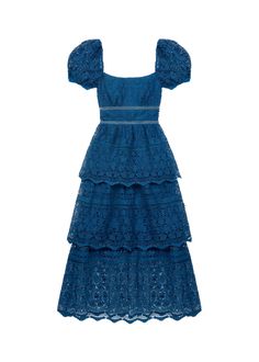 Blue Ruffled Lace Dress, Fitted Blue Tiered Skirt Dress, Blue Fitted Tiered Skirt Dresses, Elegant Blue Tiered Midi Dress, Blue Tiered Lace Dress, Tiered Midi Dress With Lace Trim, Chic Blue Midi Lace Dress, Blue Short Sleeve Midi Dress With Lace Trim, Blue Lace Midi Dress With Ruffles