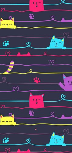 colorful cats with hearts and paw prints on a black background, seamless fabric design