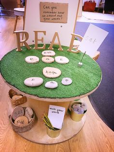 a table that has some items on top of it with words written on the grass