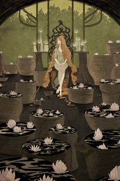 a painting of a woman sitting on a chair surrounded by water lillies and trees