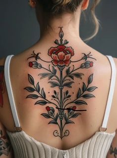 Cool Back Piece Tattoo, Back Piece Tattoo Neo Traditional, Spine Tattoos For Women American Traditional, Delicate Traditional Tattoo, Back Tattoo Traditional Women, Half Sleeves Tattoo For Women, Feminine Neo Traditional Tattoo, Realistic Traditional Tattoo, Tattooed Lady Tattoo