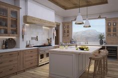 a large kitchen with wooden cabinets and white counter tops