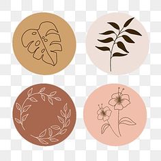 four different types of flowers and leaves in the shape of circles on a transparent background