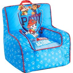 a blue paw patrol chair with paw prints on it