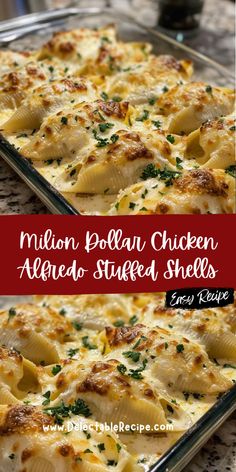 two pictures of chicken alfredo stuffed shells