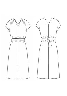 the front and back views of a women's dress with short sleeves, belted waist