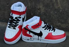 Custom Nike Air Force 1 mid „Red & Black Drip" unique and handpainted Sneaker  - handpainted and exclusive  - we only use special leather colours and finish all our customs with a special finisher that protects the colours so that the custom design will stay forever on the shoes. Custom Nike Air Force 1, Air Max 90 Leather, Custom Nike Air Force, Painted Nikes, Nike Air Force 1 Mid, Nike Shoes Air Force, Nike Air Force One, Jordan Shoes Girls, Custom Nike Shoes