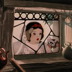 a painting of a woman looking out a window at a panda and other animals in the background