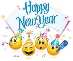 happy new year greeting card with three emoticive smiley faces and confetti