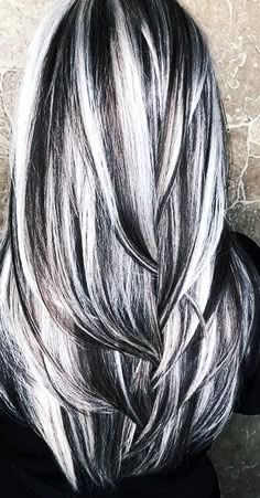 Grey Hair Black Highlights, Silver Hair Black Highlights, Silver Hair With Black Highlights, Platinum Silver Hair Highlights On Black Hair, Dark Hair With Silver Peekaboo, Gray Hair With Black Lowlights, Platinum Hair With Dark Underneath, Black Lowlights In Gray Hair, Wide Highlights Hair