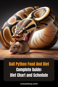 a ball python eating a rat on top of a wooden floor with text overlay