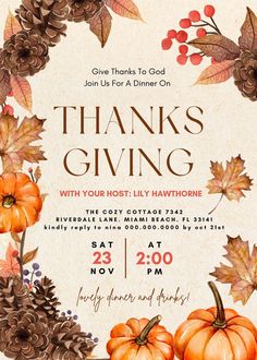 a thanksgiving dinner flyer with pumpkins and leaves