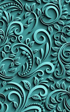 an abstract blue background with swirls and leaves on the side, in shades of teal