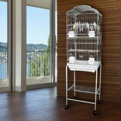 a tall white bird cage sitting on top of a wooden floor next to a window