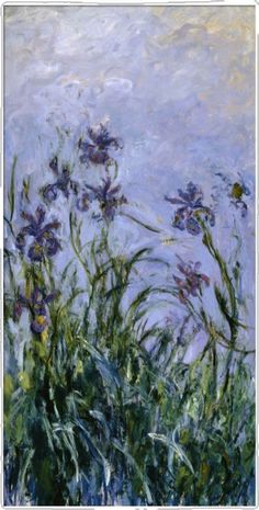 an oil painting of purple flowers against a blue sky