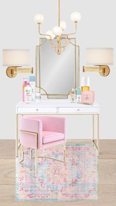 a desk with a mirror, pink chair and other items on top of the table