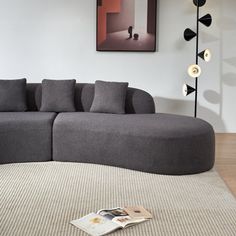 a large gray couch sitting on top of a rug