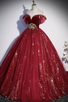 Dark Red Ball Gown, Red And Gold Gown, Red Gold Dress, Red And Gold Dress, Prom Dress A Line, Crystal Wedding Dresses, Tulle Long Prom Dress, Red Ball Gown, A Line Evening Dress