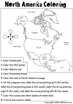 the north america coloring page with an image of map and directions for each country in it