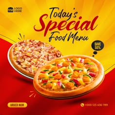 an advertisement for a special food menu with two pizzas