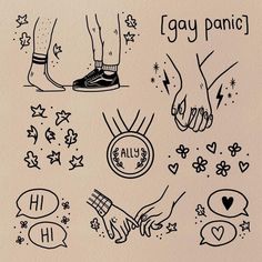 hand drawn doodles with words and symbols on them, including two hands holding each other's fingers